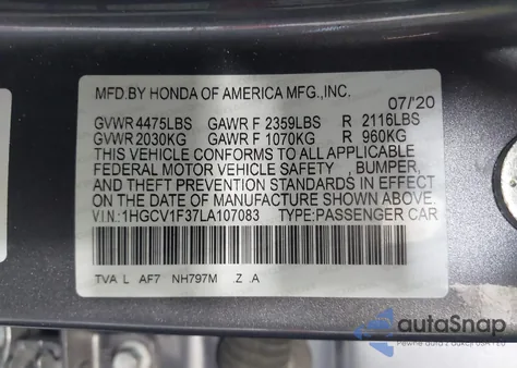 2020 Honda Accord Sport z USA, uszkodzony, nr VIN 1HGCV1F37LA107083